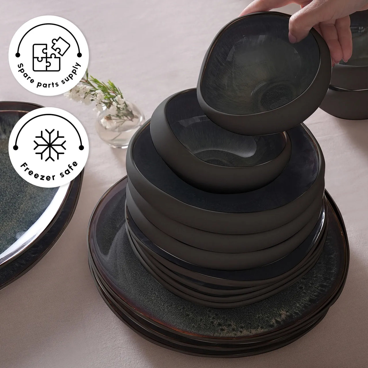 Juego de Vajilla Premium de 52 Piezas para 12 Personas – Cerámica Stoneware Negra